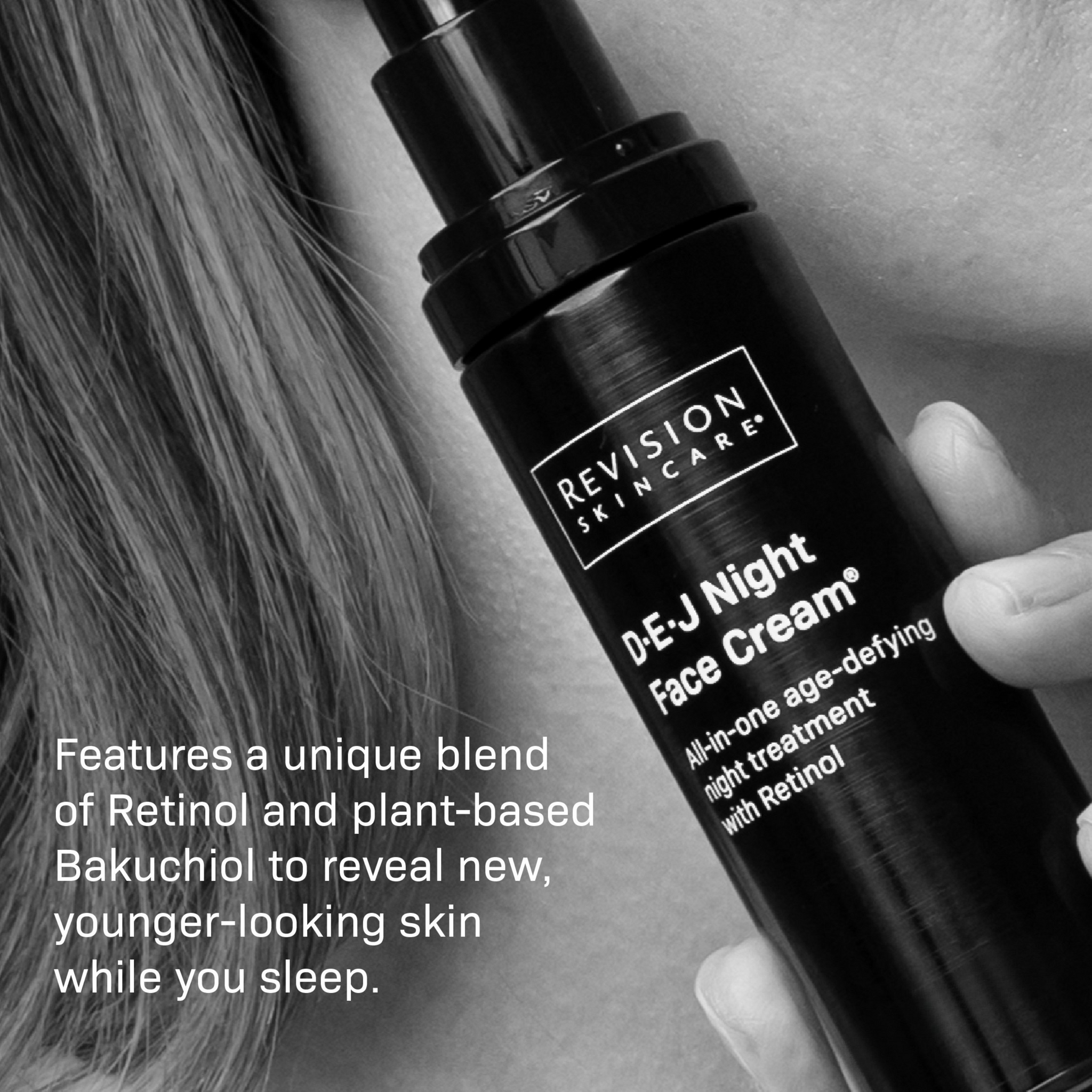 Black and white photo of a person holding Revision Skincare Healthy Glow Power Duo near their face. Text highlights its retinol moisturizer and bakuchiol for glowing skin with age-defying benefits.