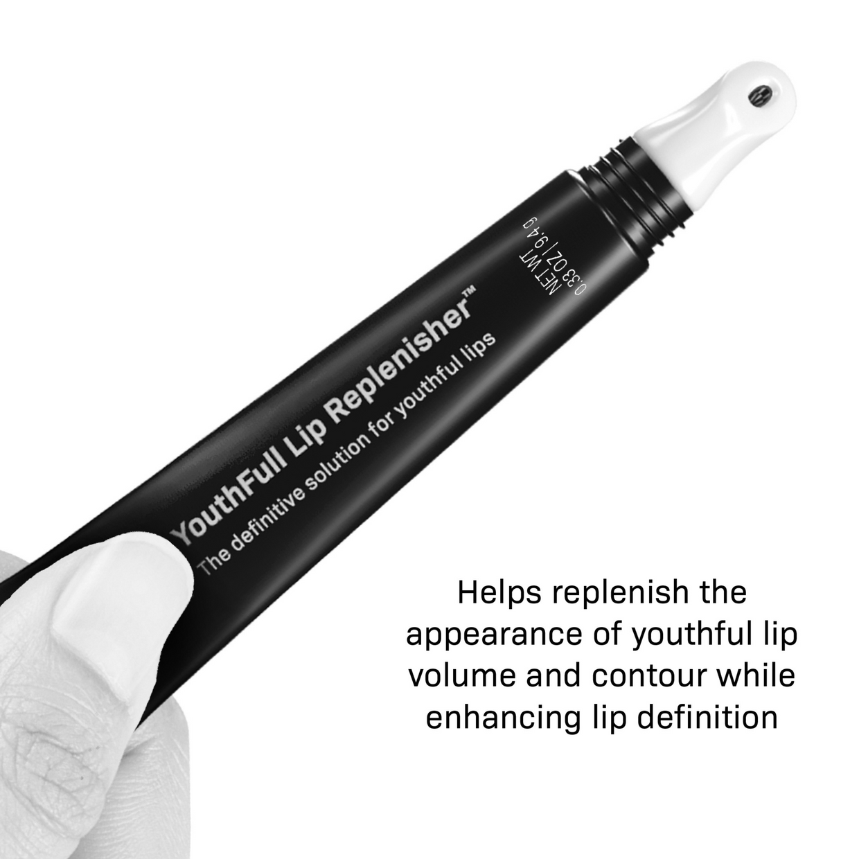 A gloved hand holds a tube labeled Injection Perfection Regimen by Revision Skincare with a white applicator tip. Text reads: Helps restore youthful lip volume, contour, and definition for injection-like results.