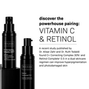 Two black bottles of Revision Skincare’s Healthy Glow Power Duo sit on a white background. Bold text reads The power pairing: VITAMIN C & RETINOL, with a note about achieving glowing skin using this duo’s vitamin C treatment and retinol moisturizer.