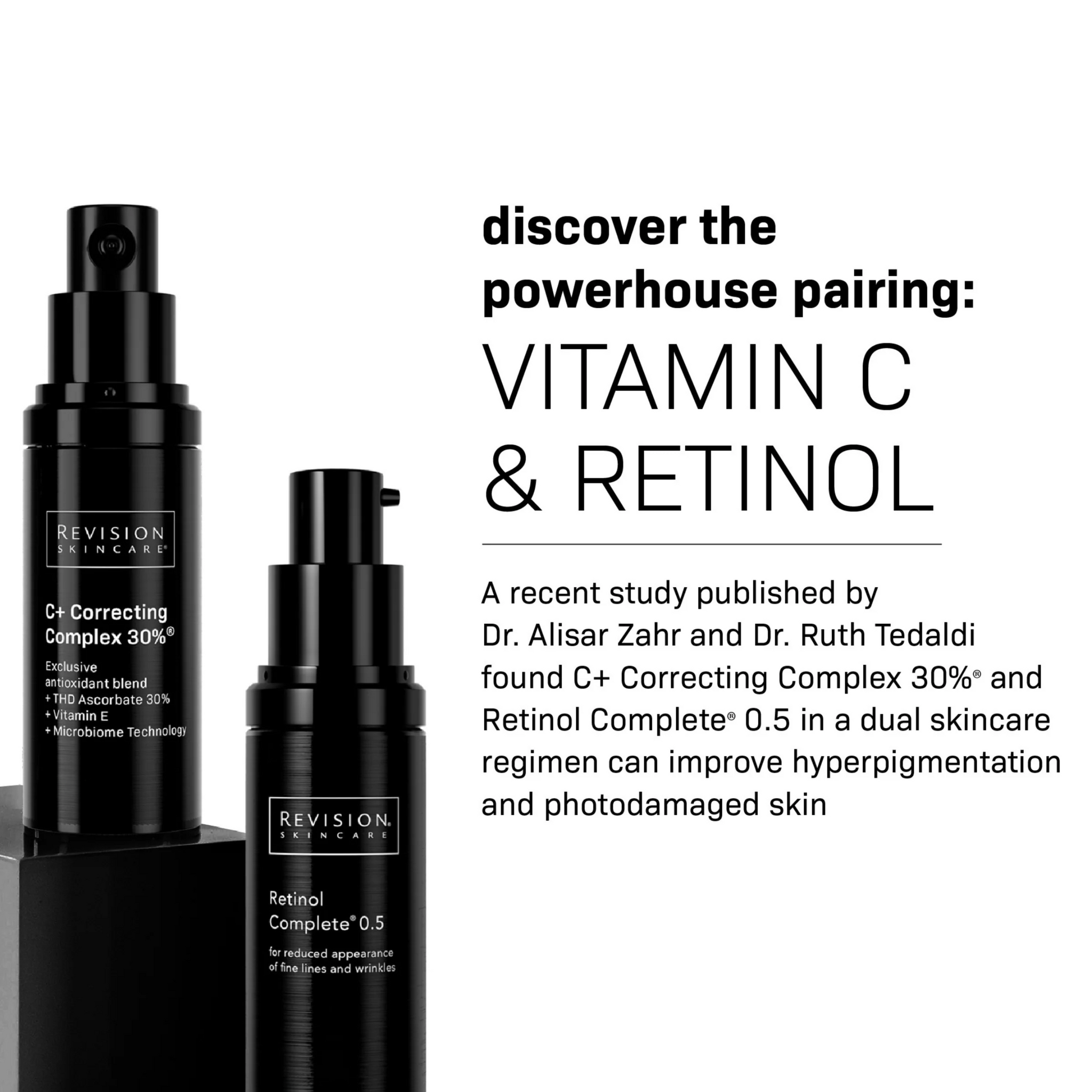 Two black bottles of Revision Skincare’s Healthy Glow Power Duo sit on a white background. Bold text reads The power pairing: VITAMIN C & RETINOL, with a note about achieving glowing skin using this duo’s vitamin C treatment and retinol moisturizer.