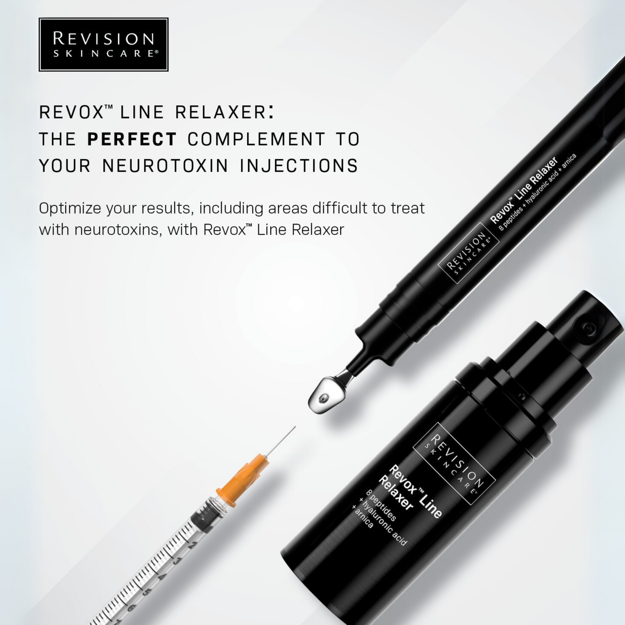 Two black bottles of Revision Skincare Injection Perfection Regimen are shown next to a syringe, highlighting this anti-aging serum as the ideal complement to neurotoxin injections for enhanced skin firmness and optimized results.