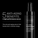 A black bottle of Revision Skincare’s Injection Perfection Regimen is shown beside text highlighting five anti-aging benefits, calling it the only anti-aging serum that visibly reduces expression lines without injections.