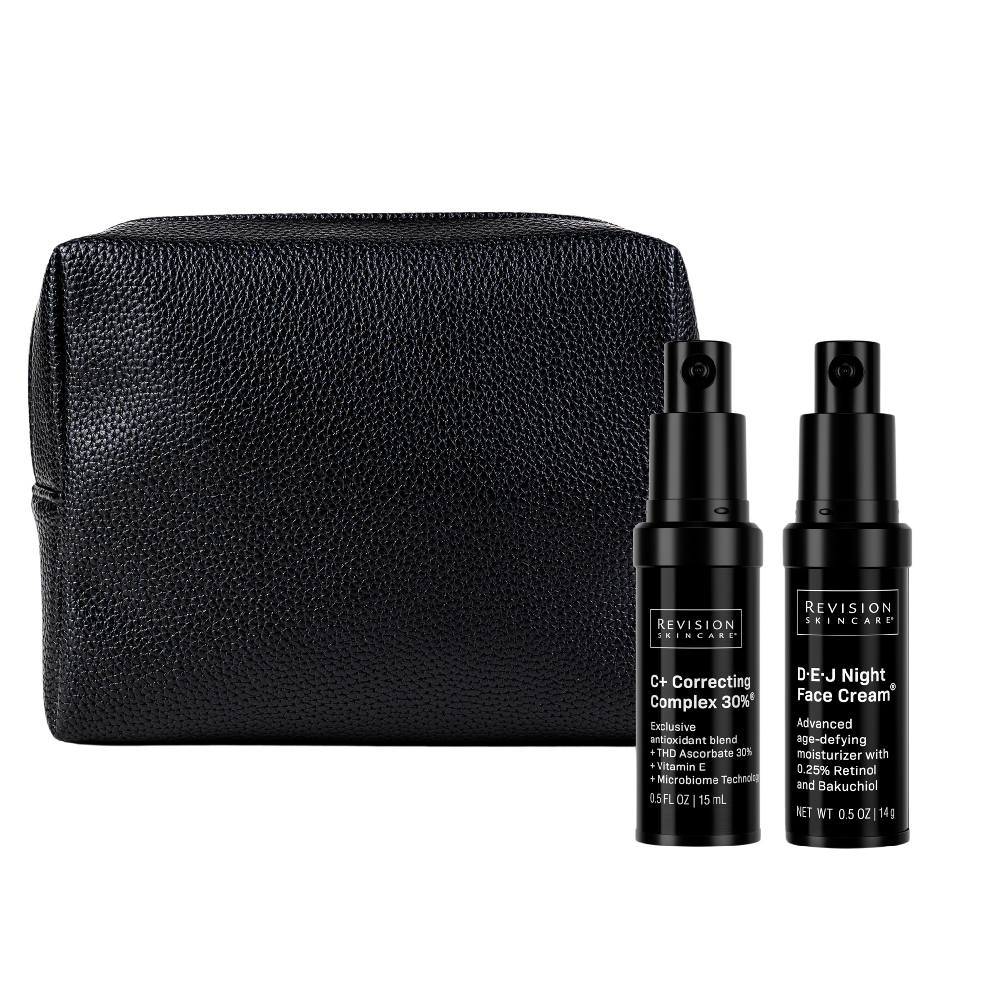 The Revision Skincare Healthy Glow Power Duo features two black bottles standing upright in front of a textured black pouch on a white background.
