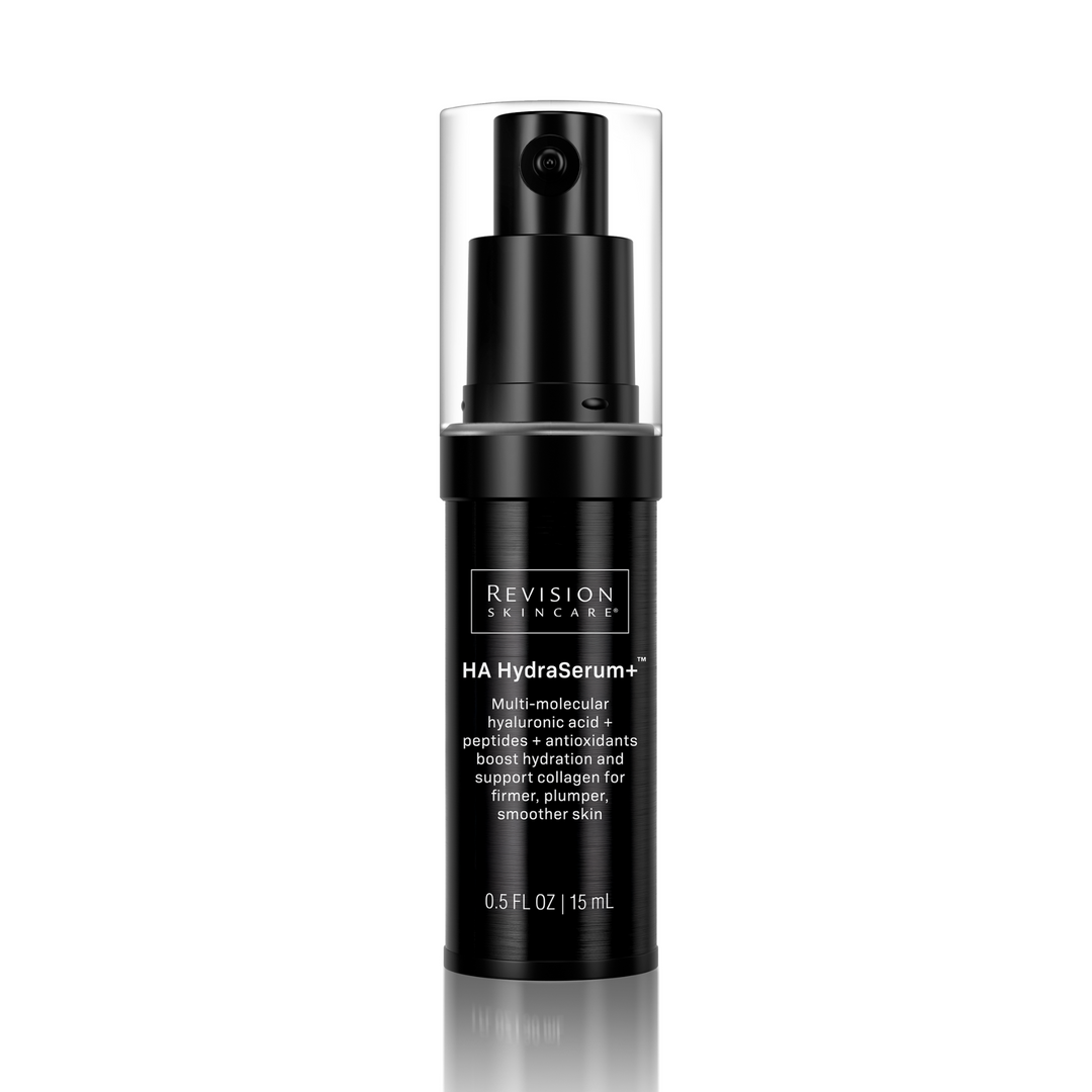 A black 0.5 fl oz pump bottle of Revision Skincare HA HydraSerum+™ features hyaluronic acid, peptides, and antioxidants to hydrate and support smoother, firmer skin.