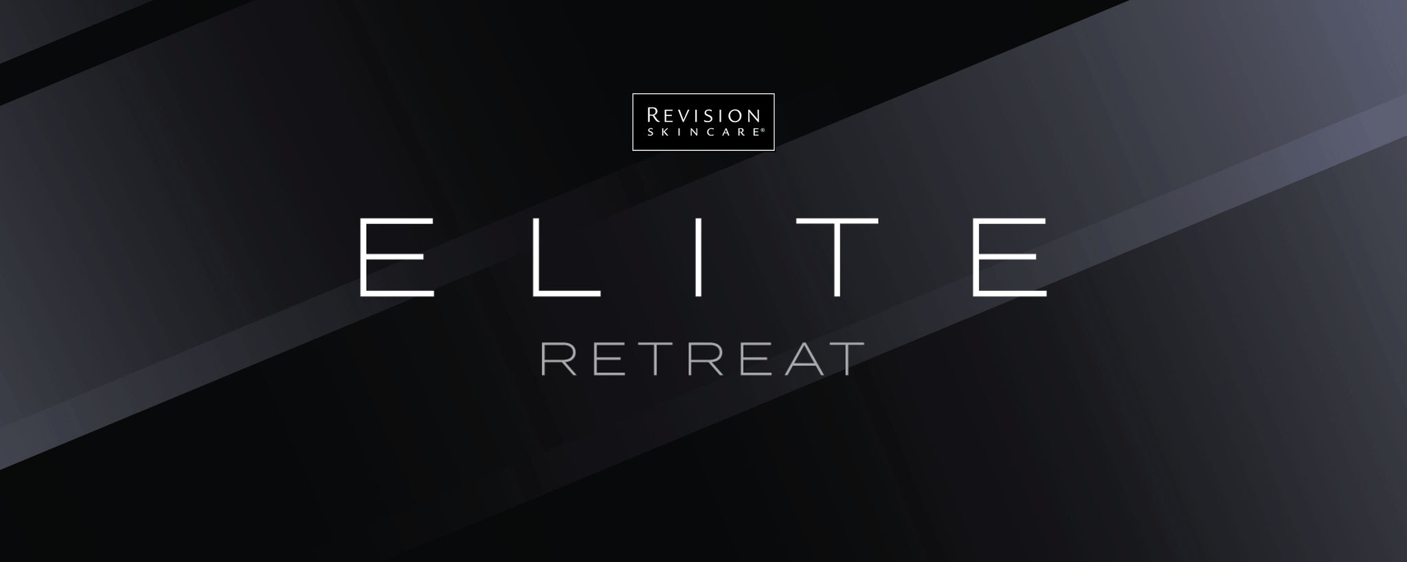 Dark graphic background with “REVISION SKINCARE” in a small box at the top and large text below reading “ELITE RETREAT” in modern white font.