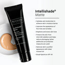 A black tube of Revision Skincare Intellishade® Matte 1.7 oz sits beside a swipe of anti-aging tinted moisturizer, showcasing its hydrating, brightening, and broad-spectrum SPF 45 protection benefits.