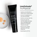A black tube of Revision Skincare Intellishade® TruPhysical 1.7 oz sits beside an open cream jar. Text highlights its hydrating, brightening, and sun-protective benefits with a mineral sunscreen SPF 45.