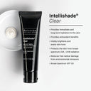 A black tube of Revision Skincare Intellishade® Clear 1.7 oz is shown next to a list of its benefits: powerful hydration, antioxidants, even skin tone, UV protection with Broad-Spectrum SPF 50, and defense against free radicals.