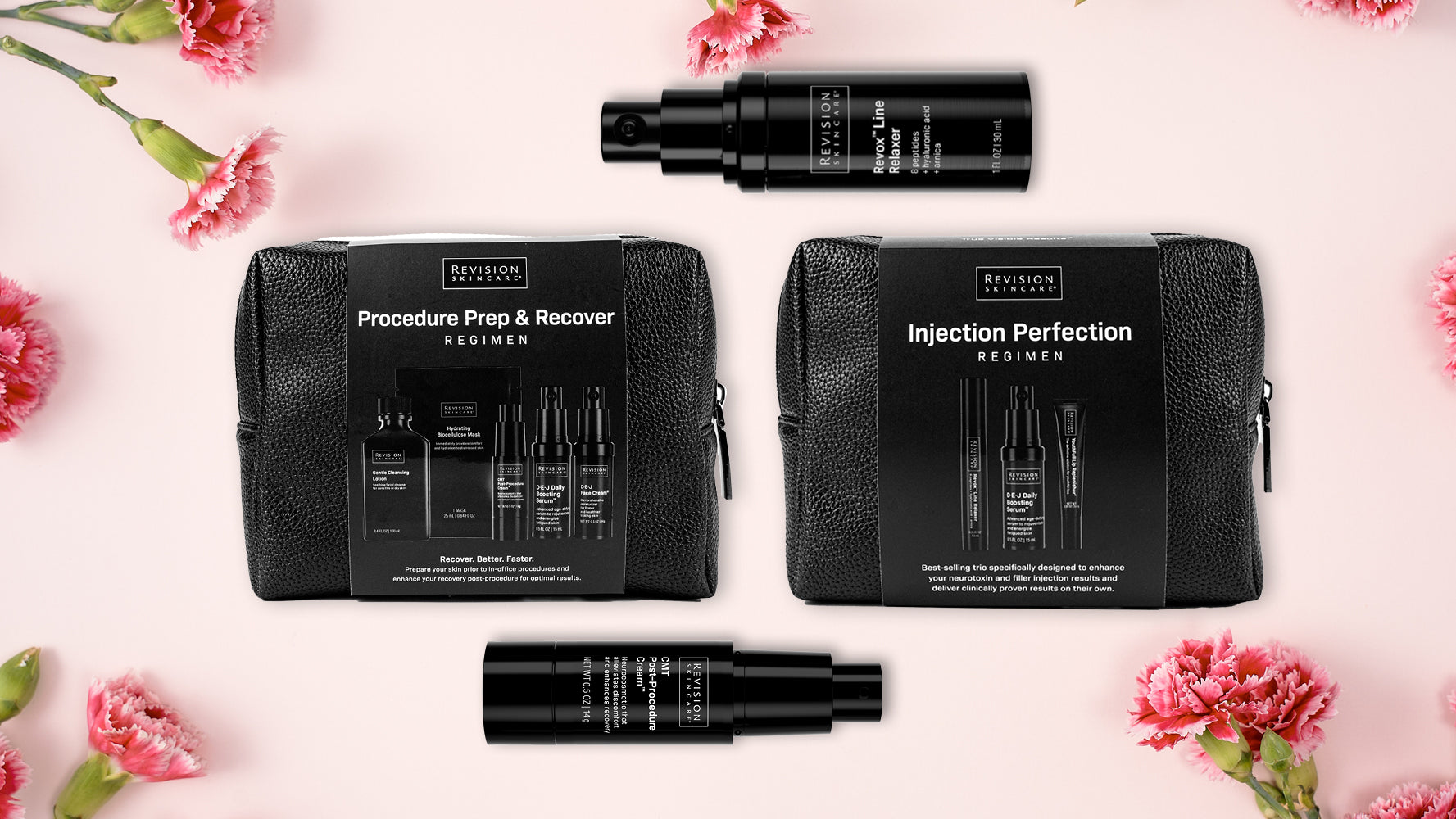 Two black skincare sets labeled Procedure Prep & Recover and Injection Perfection sit on a light pink surface with small pink carnations scattered around, accompanied by two black skincare bottles.
