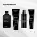 Four black Revision Skincare bottles are lined up: Brightening Facial Wash, Triple-Action Exfoliator, DEJ Daily Boosting Serum, and Intellishade. Steps: Cleanse, Exfoliate with Triple-Action Exfoliator, Rejuvenate, Protect.
