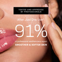 Close-up of someone applying Revision Skincare’s Triple-Action Exfoliator to their cheek. Text: Tested and approved by professionals—91% of professional aestheticians saw smoother, softer skin after just one use.