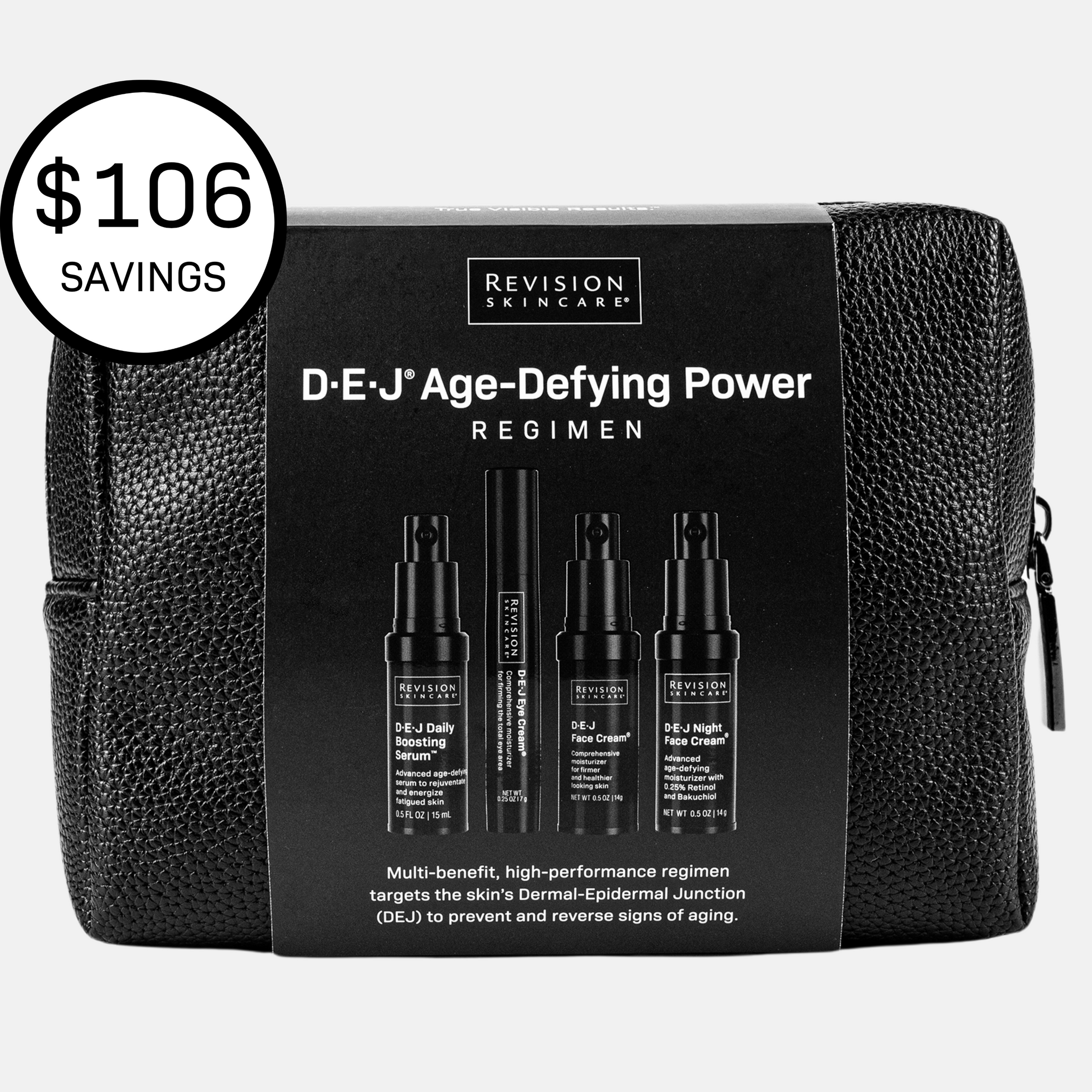 A black textured pouch showcases Revision Skincare’s D·E·J® Age-Defying Power Regimen, which includes four age-defying products such as an anti-aging serum and eye cream. A circular label highlights $106 in savings.