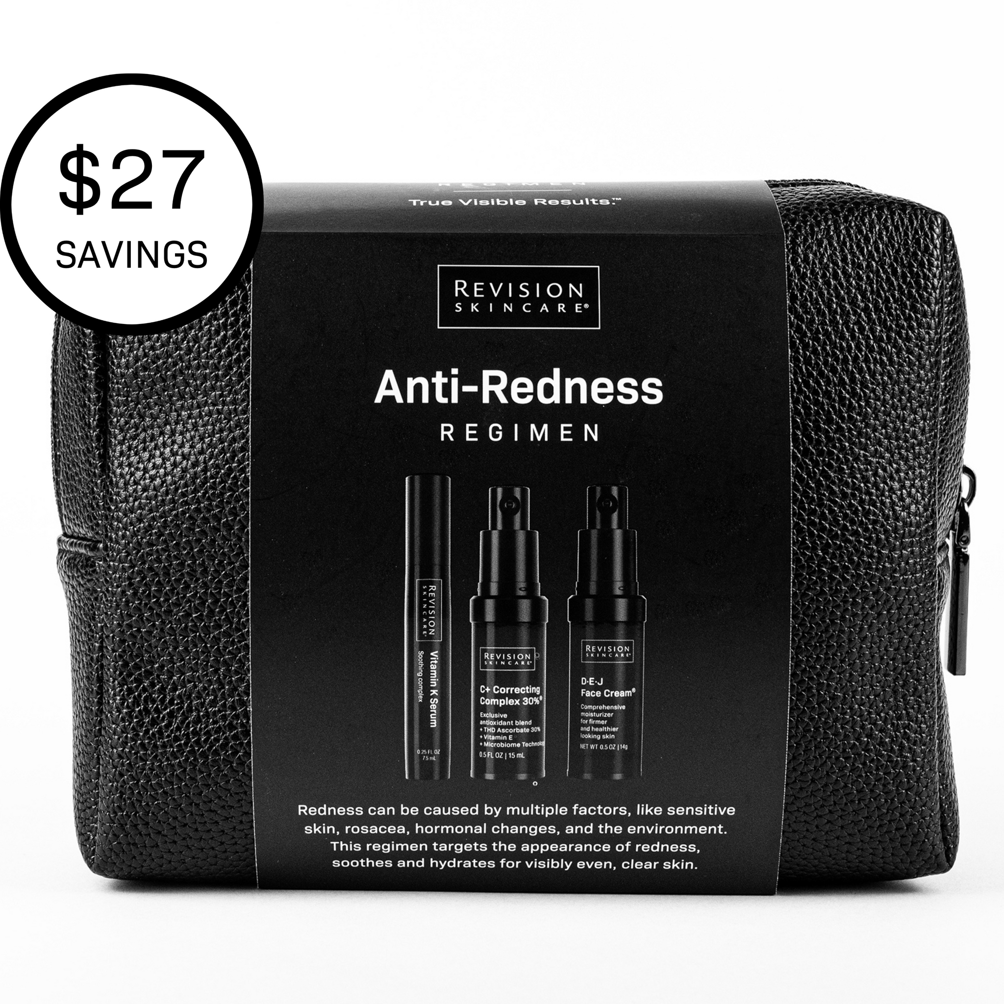 A black textured pouch labeled Revision Skincare Anti-Redness Regimen features three skincare products including C+ Correcting Complex, a $27 savings badge, and text highlighting the regimens ability to reduce redness for clearer, more even skin.