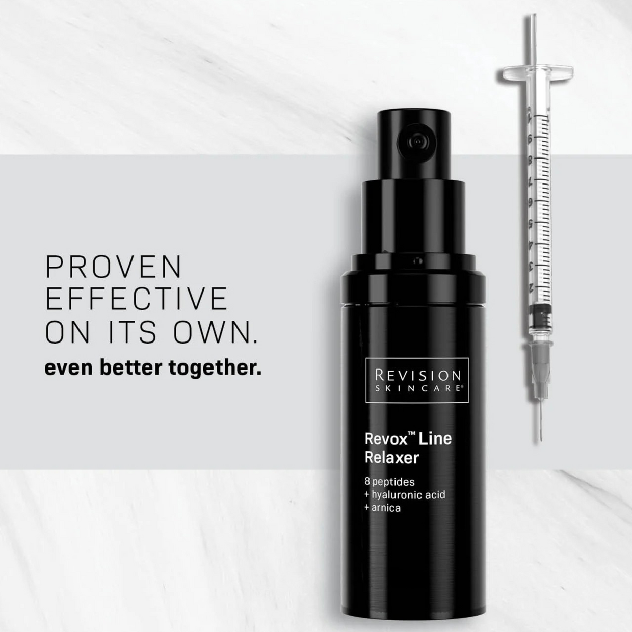 A black bottle of Revision Skincare Injection Perfection Regimen rests beside a syringe on a marble surface. Text reads, Proven effective on its own. Even better together.