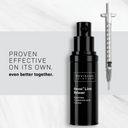 A black bottle of Revision Skincare Injection Perfection Regimen rests beside a syringe on a marble surface. Text reads, Proven effective on its own. Even better together.