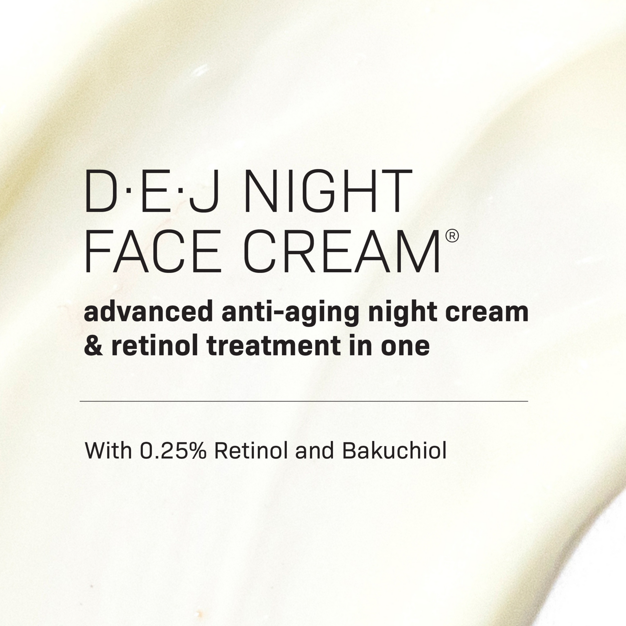 Close-up of a creamy white skincare product background with text: Healthy Glow Power Duo by Revision Skincare, an advanced anti-aging night cream and moisturizer with 0.25% Retinol and Bakuchiol for glowing skin.