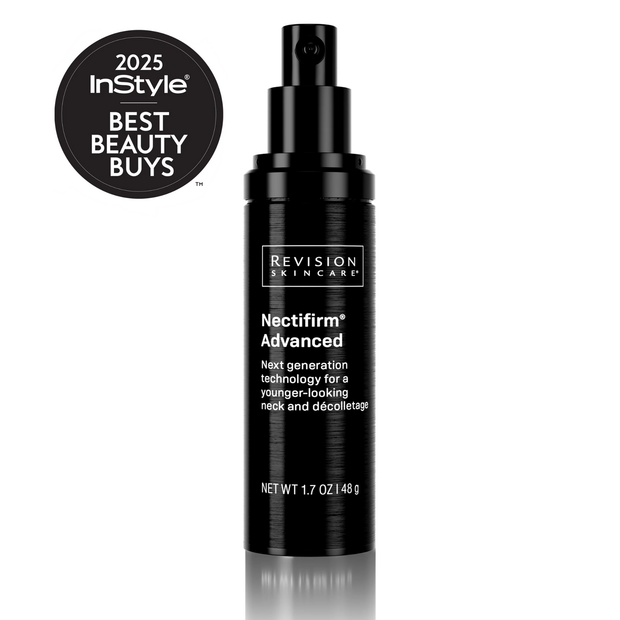 An upright black bottle of Nectifirm® ADVANCED by Revision Skincare displays white text highlighting its neck and décolletage formula with Smart Antioxidant Technology. Beside it, a badge says “2025 InStyle BEST BEAUTY BUYS.”.