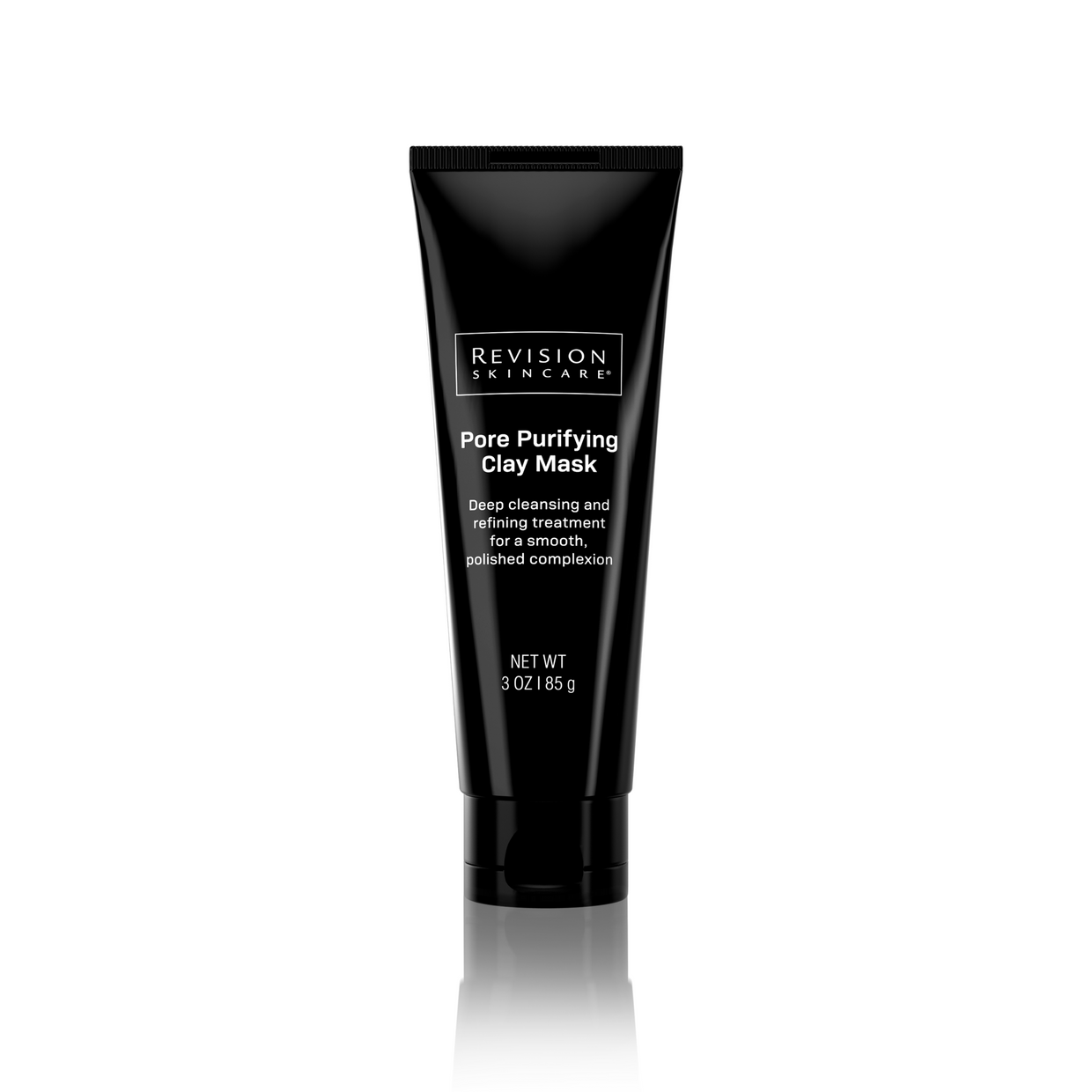 A black tube of Revision Skincare Pore Purifying Clay Mask stands upright on a white background. It unclogs pores and absorbs excess oil for a smooth complexion. Net weight: 3 oz (85 g).