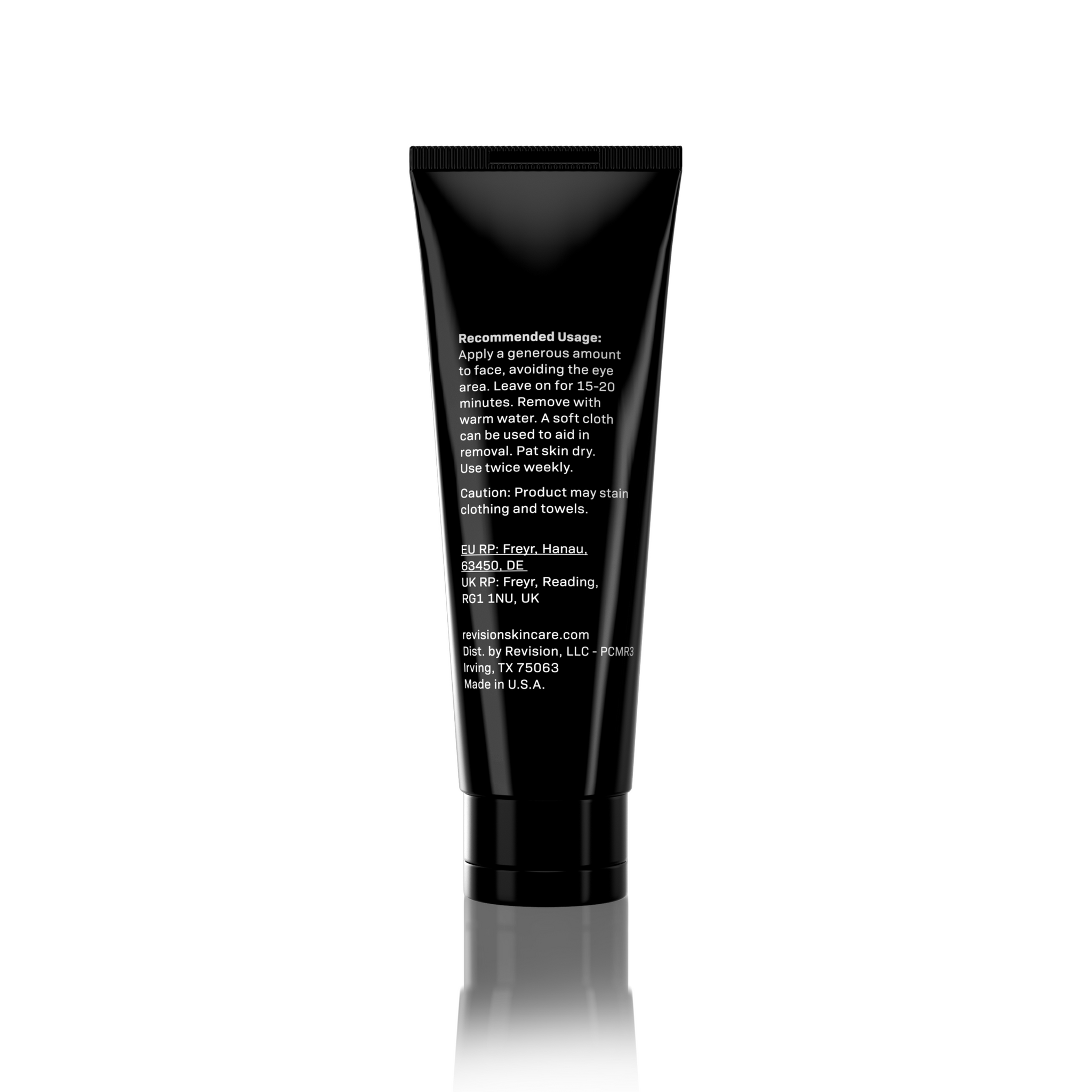 A black tube of Revision Skincare Pore Purifying Clay Mask stands upright, its back label displaying white usage instructions. Set against a white background, it highlights the masks promise to unclog pores and absorb excess oil.