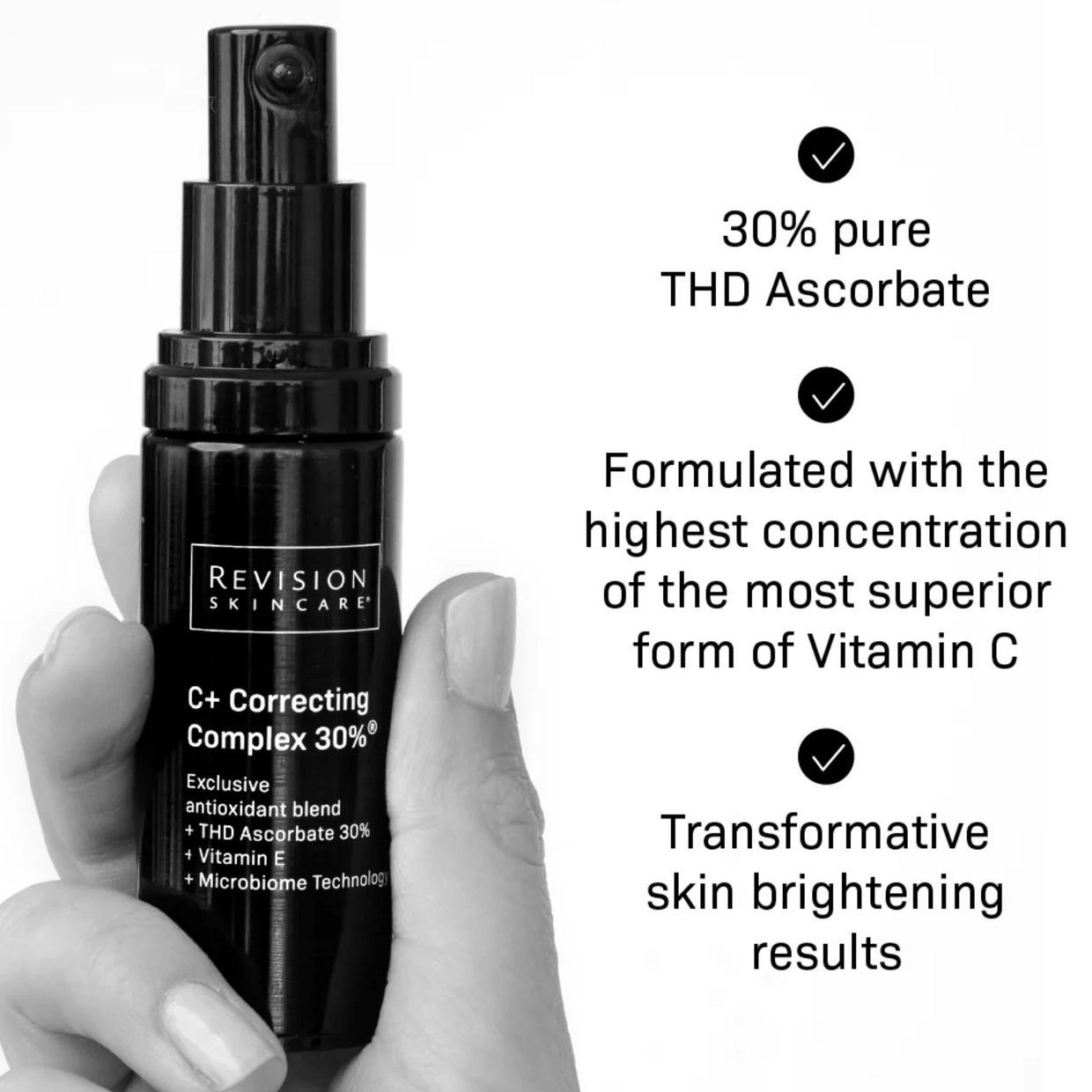 A hand holds a bottle of Revision Skincare Healthy Glow Power Duo, a powerful treatment designed to deliver glowing, radiant skin and transformative brightening results.
