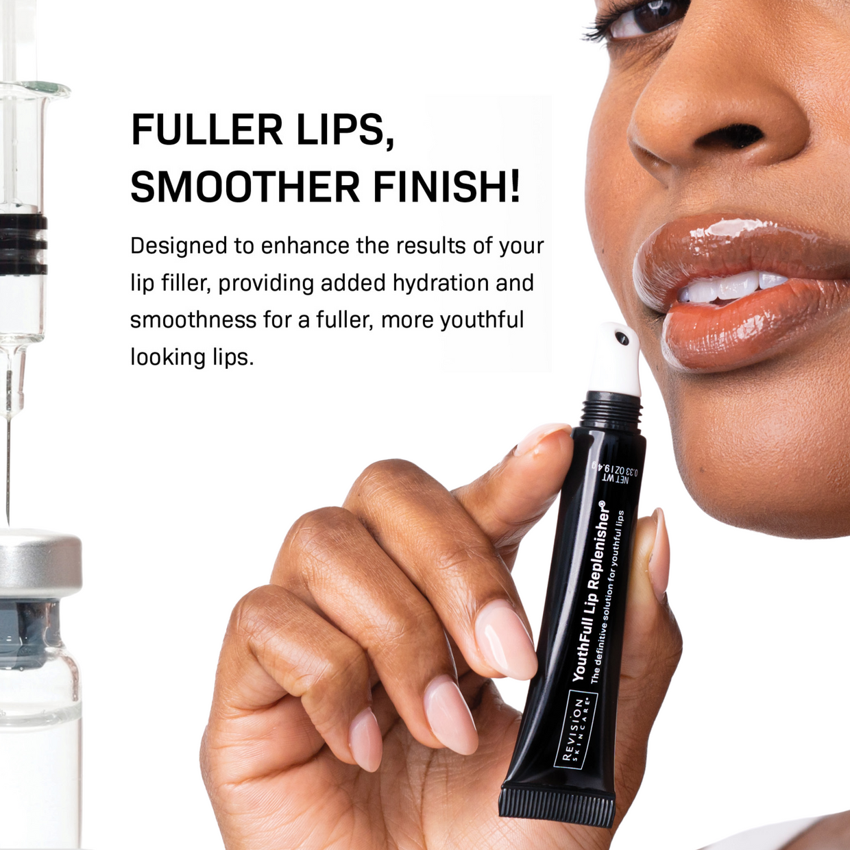 A woman applies Revision Skincares Injection Perfection Regimen from a black tube. Text: FULLER LIPS, SMOOTHER FINISH! Enhances and complements filler results for a naturally youthful, plumped look.