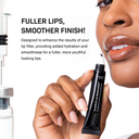 A woman applies Revision Skincares Injection Perfection Regimen from a black tube. Text: FULLER LIPS, SMOOTHER FINISH! Enhances and complements filler results for a naturally youthful, plumped look.