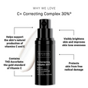 A black bottle of Revision Skincare’s Healthy Glow Power Duo is centered on a white background, with benefits like glowing skin, supporting natural vitamin C, and protection from free radicals listed around it.