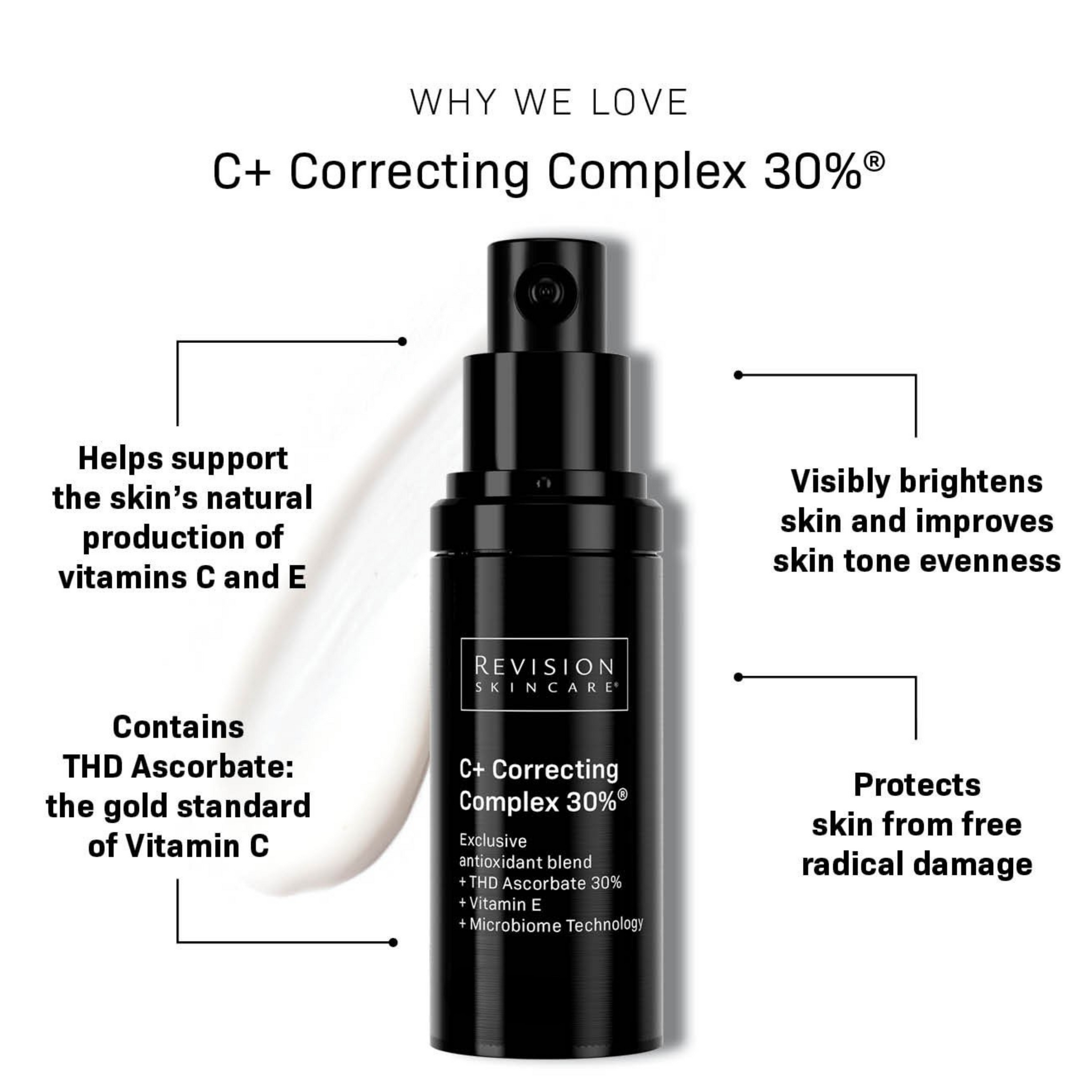 A black bottle of Revision Skincare’s Healthy Glow Power Duo is centered on a white background, with benefits like glowing skin, supporting natural vitamin C, and protection from free radicals listed around it.