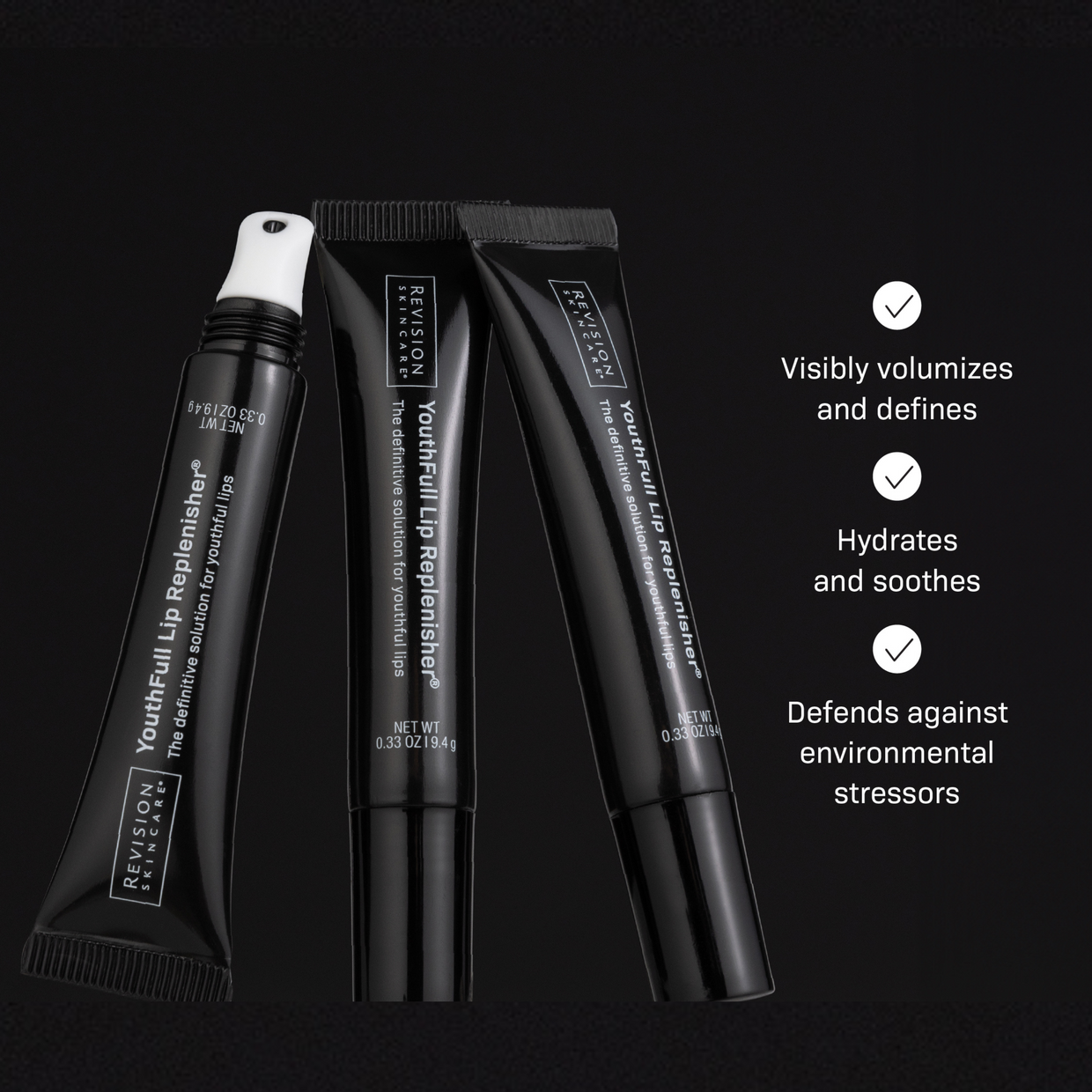 Three black tubes of Revision Skincare Injection Perfection Regimen are arranged vertically on a black background. Text highlights benefits: visibly volumizes and defines, hydrates and soothes, delivers injection results without needles.