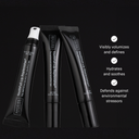 Three black tubes of Revision Skincare Injection Perfection Regimen are arranged vertically on a black background. Text highlights benefits: visibly volumizes and defines, hydrates and soothes, delivers injection results without needles.