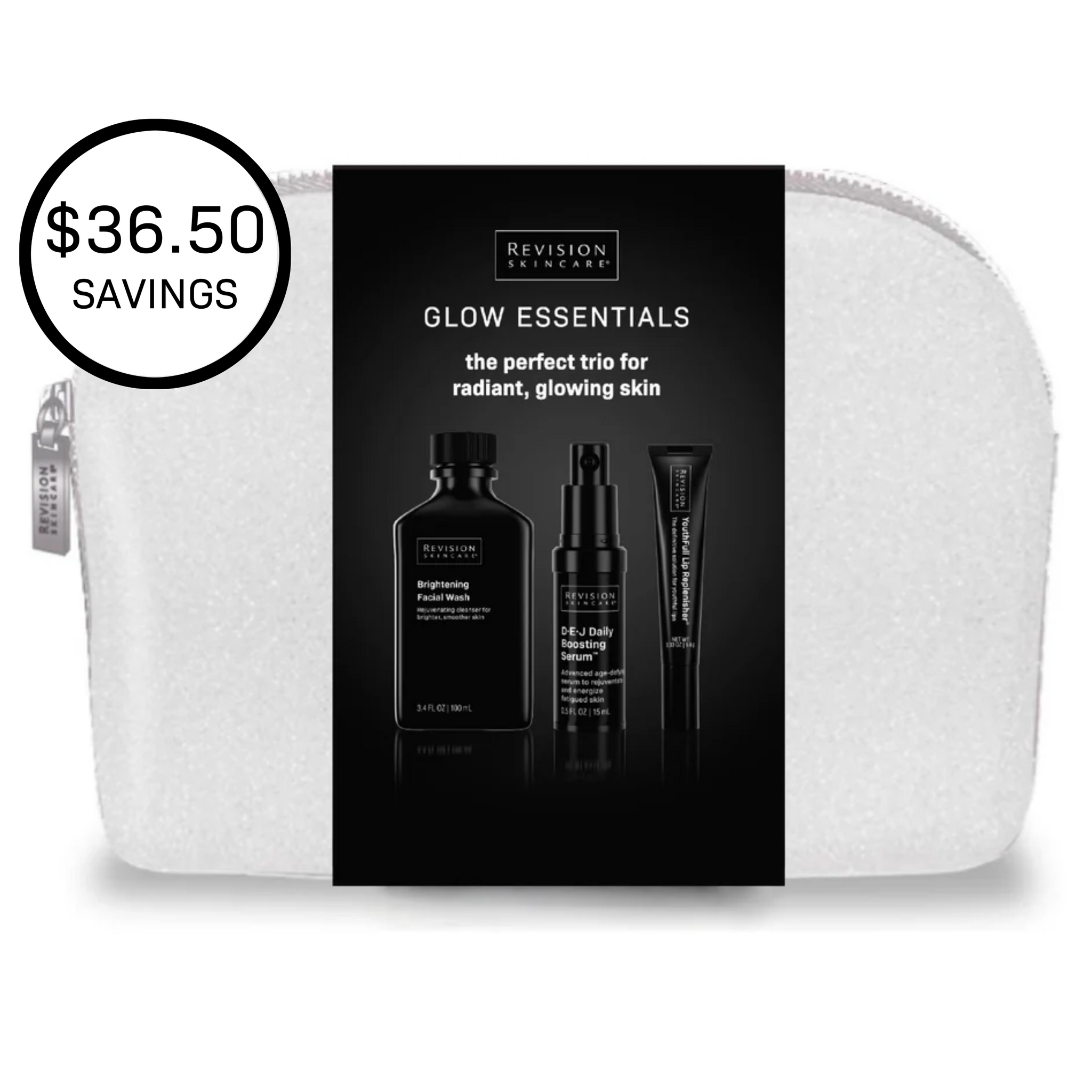 A white zippered pouch with a black label holds the Revision Skincare Glow Essentials Gift Set, offering a brightening facial wash, anti-aging serum, and lip plumper—a trio for glowing skin with $36.50 in savings.