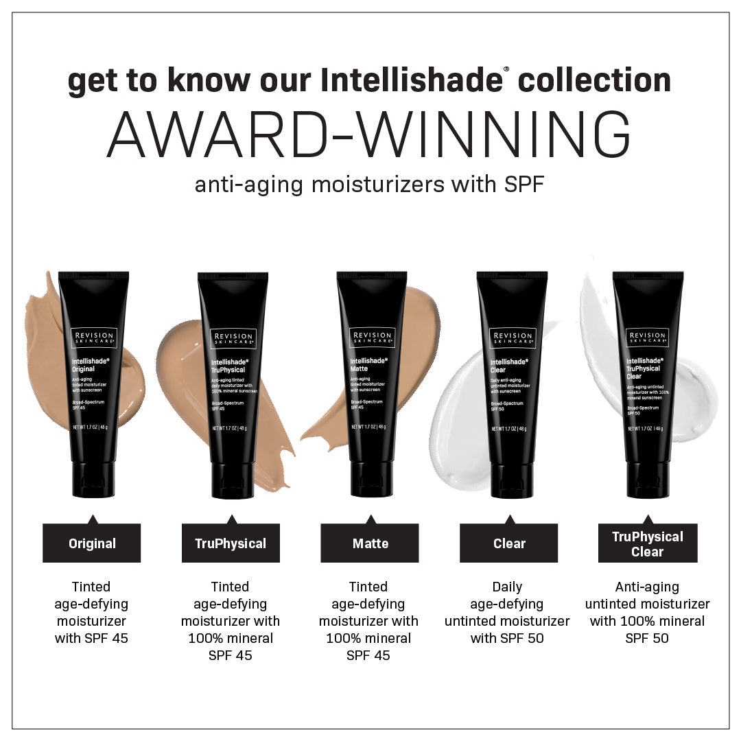 Five tubes of Revision Skincares The Revision Starter Full Size Regimen are lined up with swatches behind each, showcasing this award-winning anti-aging collection of tinted and untinted SPF moisturizers.