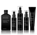 Five black bottles of the Revision Skincare Brightening Full Size Regimen are arranged in a row on a white background, featuring facial wash, vitamin C serum, neck cream, retinol, and anti-aging moisturizer for a complete brightening routine.