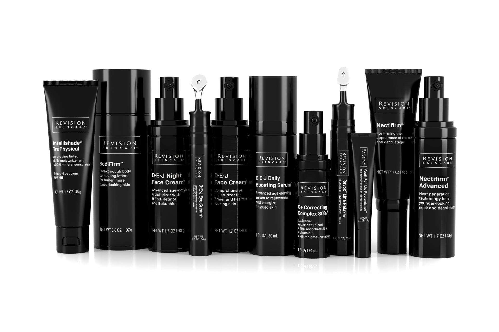 A lineup of black skincare product bottles and tubes from Revision Skincare, arranged upright in a row on a white background. The packaging features white text with various product names and details visible.