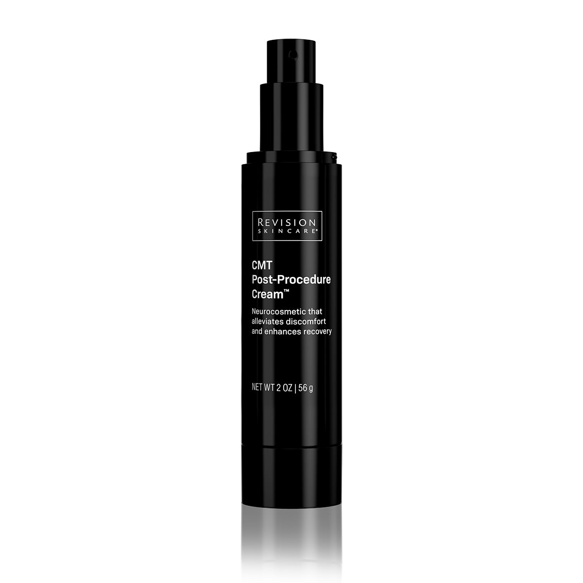 A black bottle of Revision Skincare CMT Post-Procedure Cream™ with a pump dispenser is set against a white background, featuring its neurocosmetic technology for soothing post-procedure discomfort and promoting recovery.