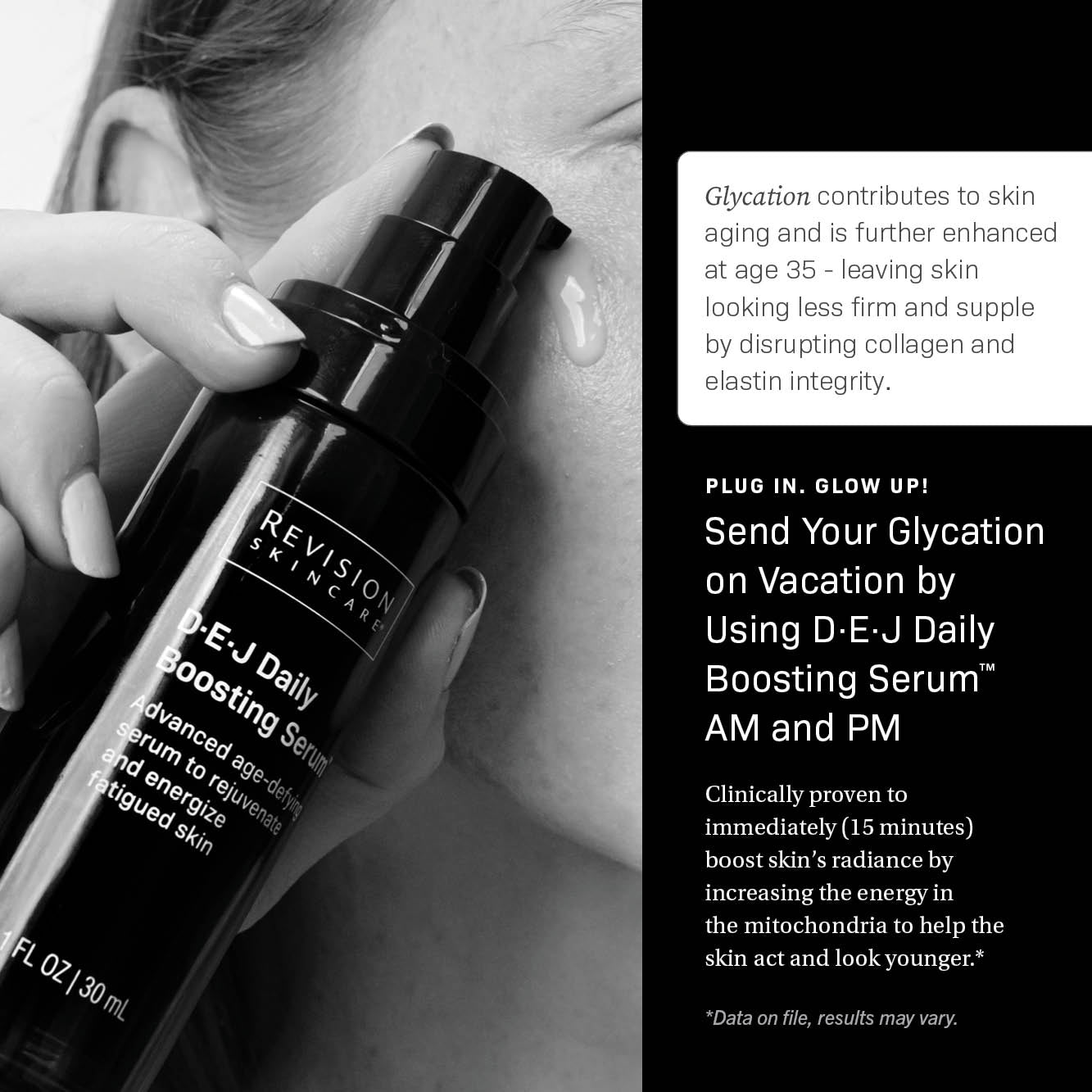 A person applies Revision Skincare D·E·J Daily Boosting Serum® 2 fl oz, while text explains how glycation affects skin aging and highlights the serum’s clinically proven benefits for firmer, more supple skin.