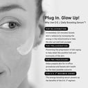 Close-up of a womans face on the left with text on the right describing how Revision Skincare D·E·J Daily Boosting Serum® 2 fl oz supports firmer skin and antioxidant defense for anti-aging, prejuvenation, pre-procedure care, and daily routines.