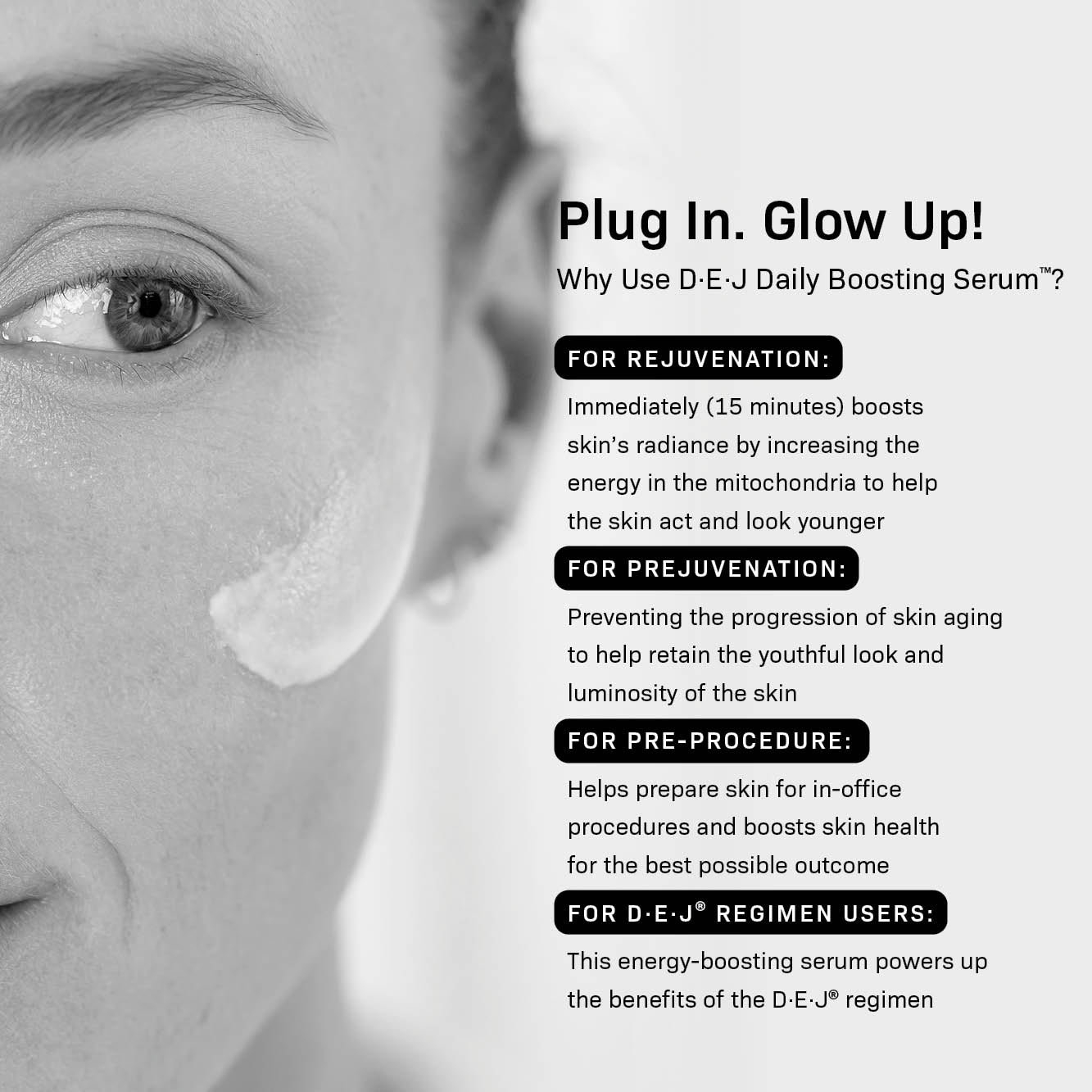 Close-up of a womans face on the left with text on the right describing how Revision Skincare D·E·J Daily Boosting Serum® 2 fl oz supports firmer skin and antioxidant defense for anti-aging, prejuvenation, pre-procedure care, and daily routines.