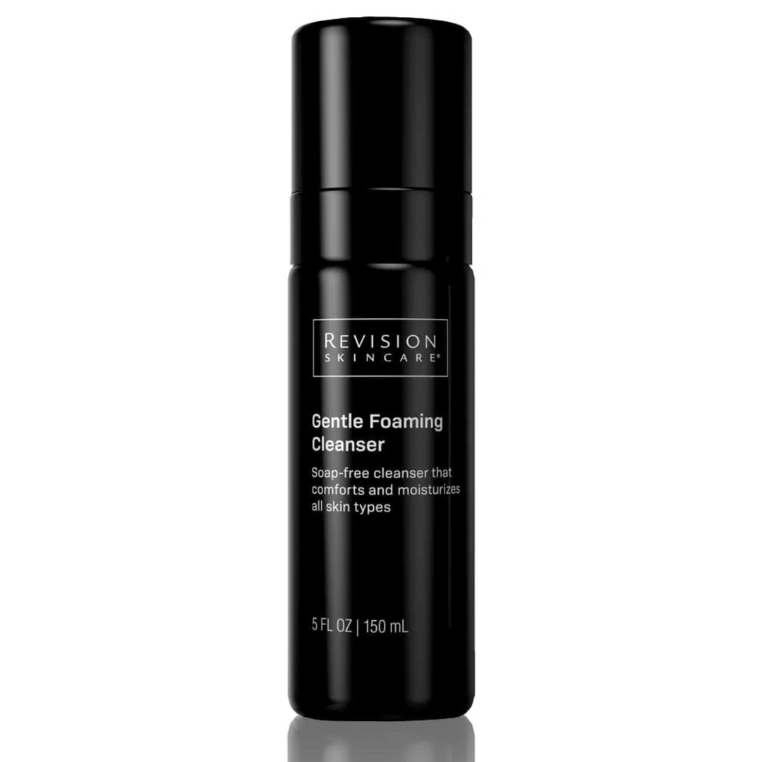 A 5 fl oz (150 mL) black pump bottle of Revision Skincare Gentle Foaming Cleanser, a soap-free formula for all skin types with amino acid surfactant and white text on the label.