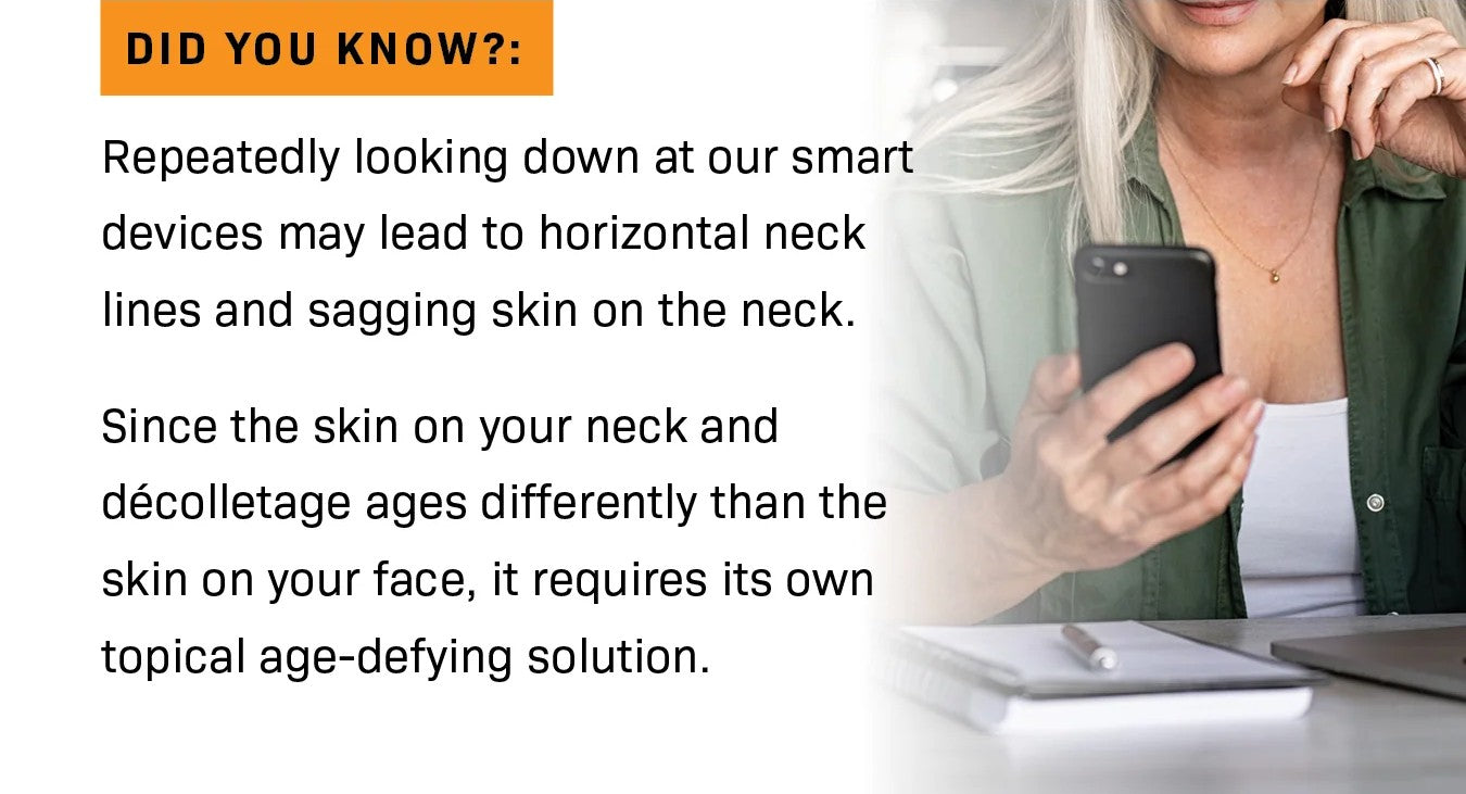 A woman with long blonde hair holds a smartphone and smiles while sitting at a table with papers and a pen. Text explains that looking down at devices can cause neck lines and sagging, and suggests a topical solution for the neck area.
