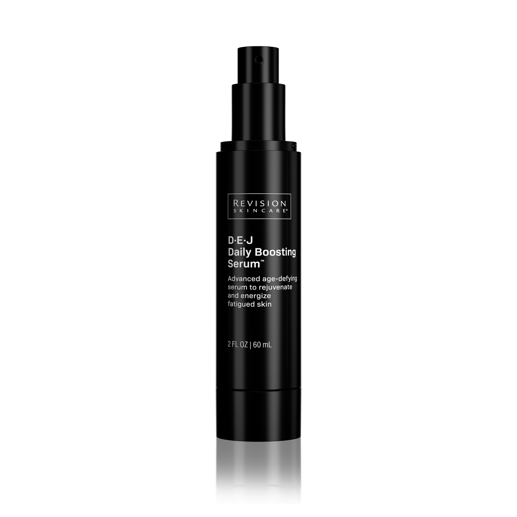 A sleek black 2 fl oz bottle of Revision Skincare D·E·J Daily Boosting Serum® with a pump, white text, and a modern design on a white background—an anti-aging serum that supports skin firmness.