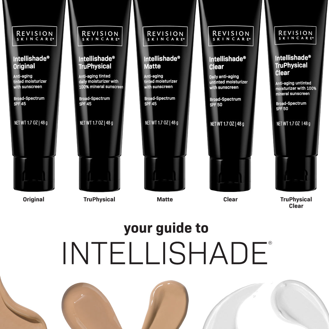 Five black tubes of Revision Skincare Intellishade® Original 1.7 oz are shown above four beige and tan swatches. Text reads: Your guide to INTELLISHADE®—a broad-spectrum anti-aging moisturizer with SPF 45 protection.
