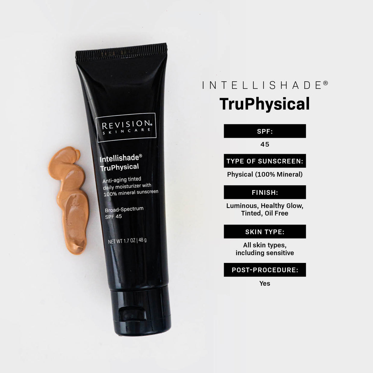 A black tube of Revision Skincare Intellishade® TruPhysical 1.7 oz mineral sunscreen and anti-aging moisturizer is displayed with a small swatch next to it, while key features and product details appear on the right.