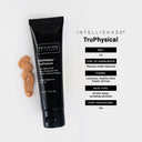 A black tube of Revision Skincare Intellishade® TruPhysical 1.7 oz mineral sunscreen and anti-aging moisturizer is displayed with a small swatch next to it, while key features and product details appear on the right.