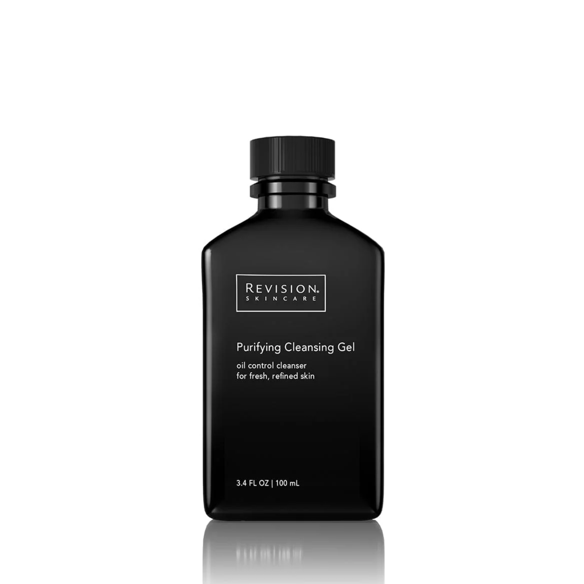 A black plastic Revision Skincare Purifying Cleansing Gel 3.4 fl oz bottle with a black screw cap and white label text, ideal for oily skin with salicylic acid, stands upright on a white background.