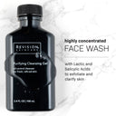 A black bottle of Revision Skincare Purifying Cleansing Gel 3.4 fl oz sits on marble, with gel spilled over it. Text: Highly concentrated face wash with lactic and salicylic acid to exfoliate and clarify oily skin.
