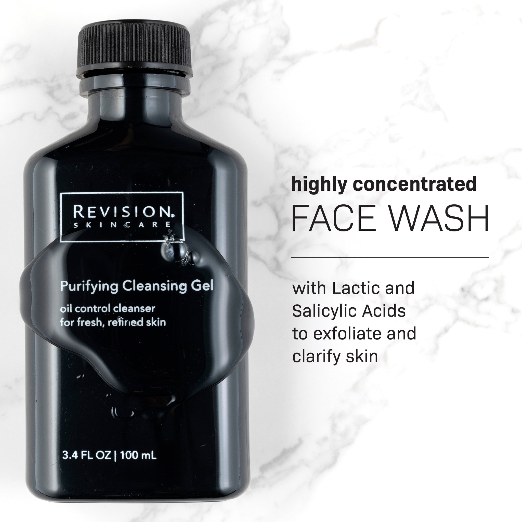 A black bottle of Revision Skincare Purifying Cleansing Gel 3.4 fl oz sits on marble, with gel spilled over it. Text: Highly concentrated face wash with lactic and salicylic acid to exfoliate and clarify oily skin.