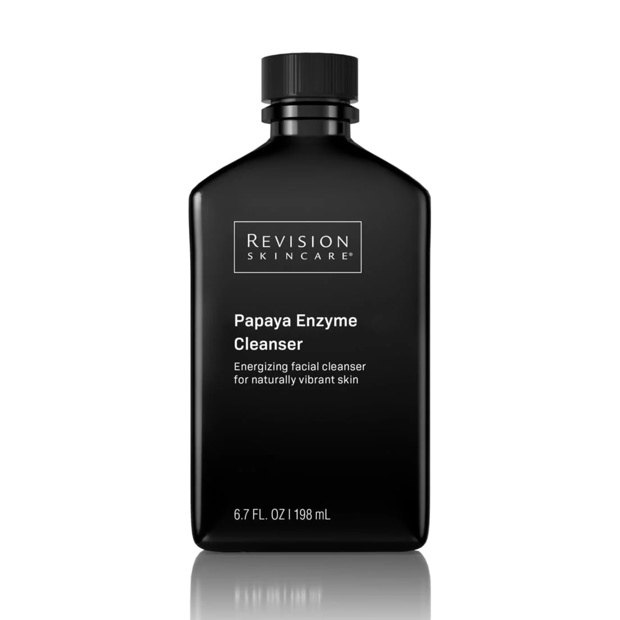 A black bottle of Revision Skincare Papaya Enzyme Cleanser (6.7 fl. oz./198 mL) with white text; this energizing facial wash uses papain enzyme for naturally vibrant skin.