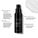 A black bottle of Revision Skincares Revox™ Line Relaxer sits centered on a white background, with text highlighting its benefits—improving skin texture and reducing fine lines—plus a creamy product smear in the top right corner.
