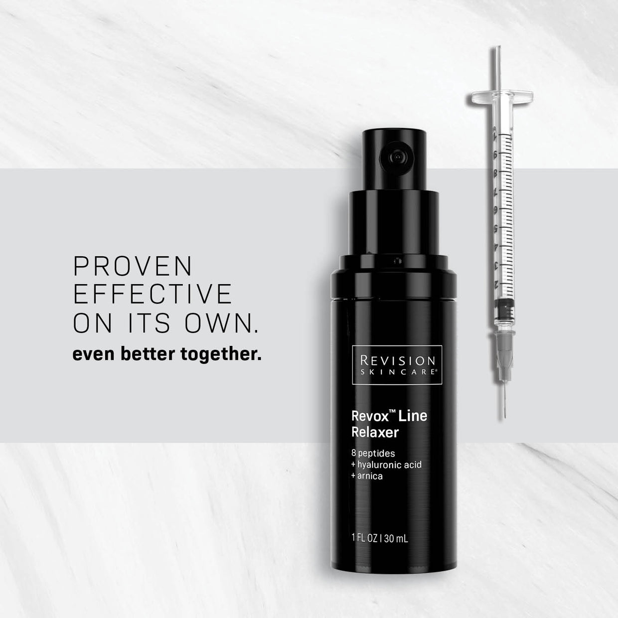 A black bottle of Revision Skincare Revox™ Line Relaxer is shown beside a syringe on white marble. Text reads: Proven effective alone, even better together for fine lines, wrinkles, and improving skin texture.